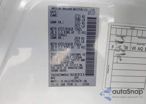 2017 Nissan Pathfinder Sl z USA, uszkodzony, nr VIN 5N1DR2MN0HC908933